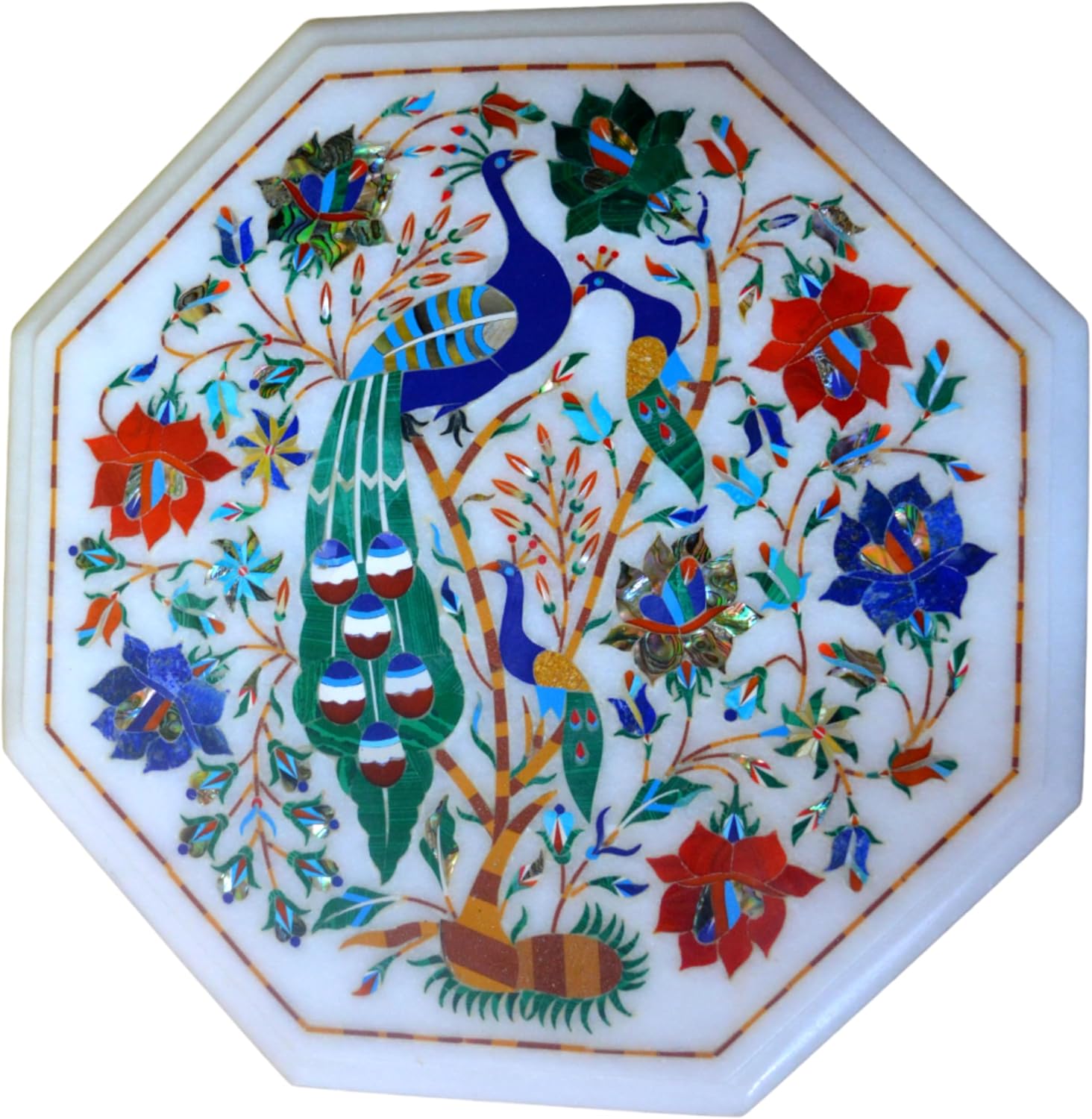 Marble Inlay Pietra Dura Table Top 12inch - White Marble Octagon Shape Coffee Table Top Inlaid with Semi Precious Stones Handmade Rose Floral and Peacock Pattern Table Art for Home Decor Furniture