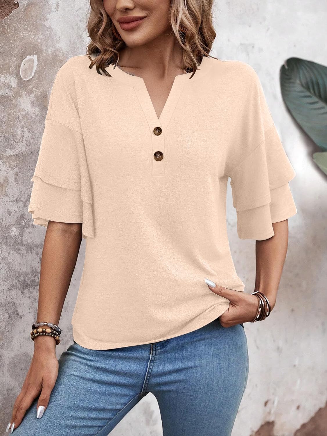 Womens Tops Henley Blouses V Neck Button Down Shirts Casual Outfit Cute Work Tees Spring Fall Summer Fashion Clothes - Image 3