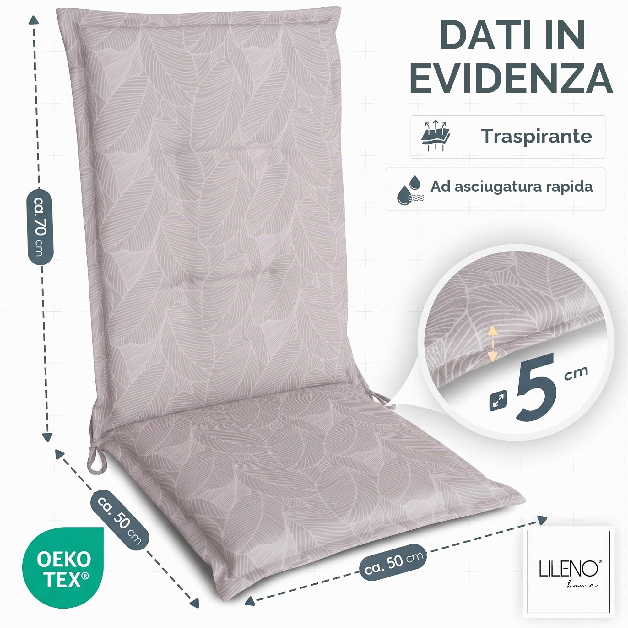 LILENO HOME Set di 2 cuscini per sedia da giardino con schienale alto, in foglie grigie, comodi cuscini per sedie da giardino e sedie pieghevoli