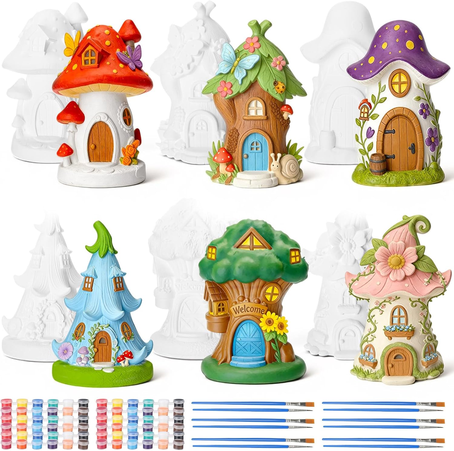 Thyle 6 Set 5 Inch Ceramic Fairy House to Paint Fairy Garden House Craft Kit Paint Your Own Mini Mushroom Houses Statue for DIY Spring Summer Arts and Craft Projects for Outdoor Decor