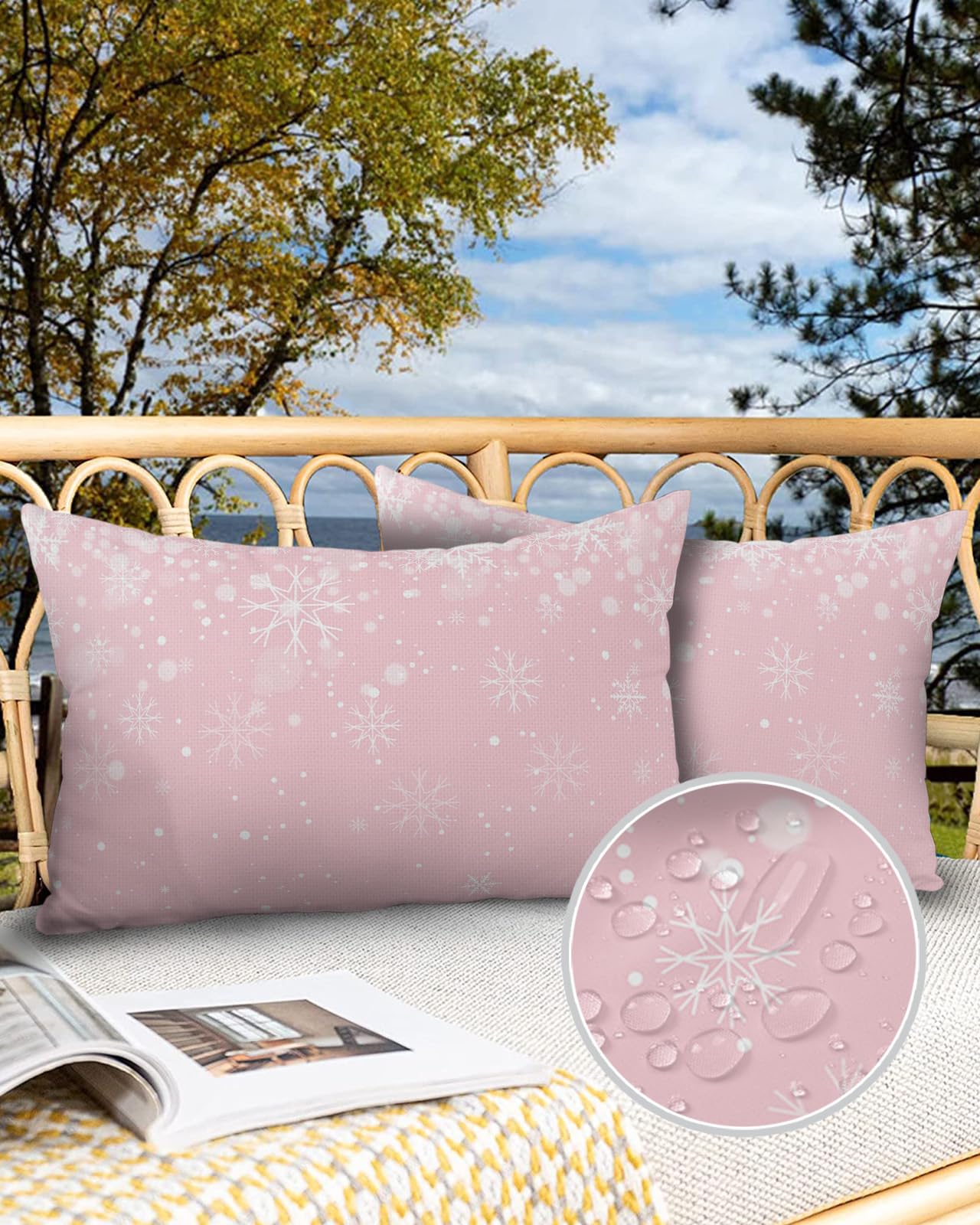 Outdoor Throw Pillow Covers 20x12 Waterproof Pink Snowflake Christmas Outdoor Pillows Decorative Pillow Covers Cushion Covers Pillowcase for Tent Patio Garden Couch Set of 2, Winter Scenes Wonderland