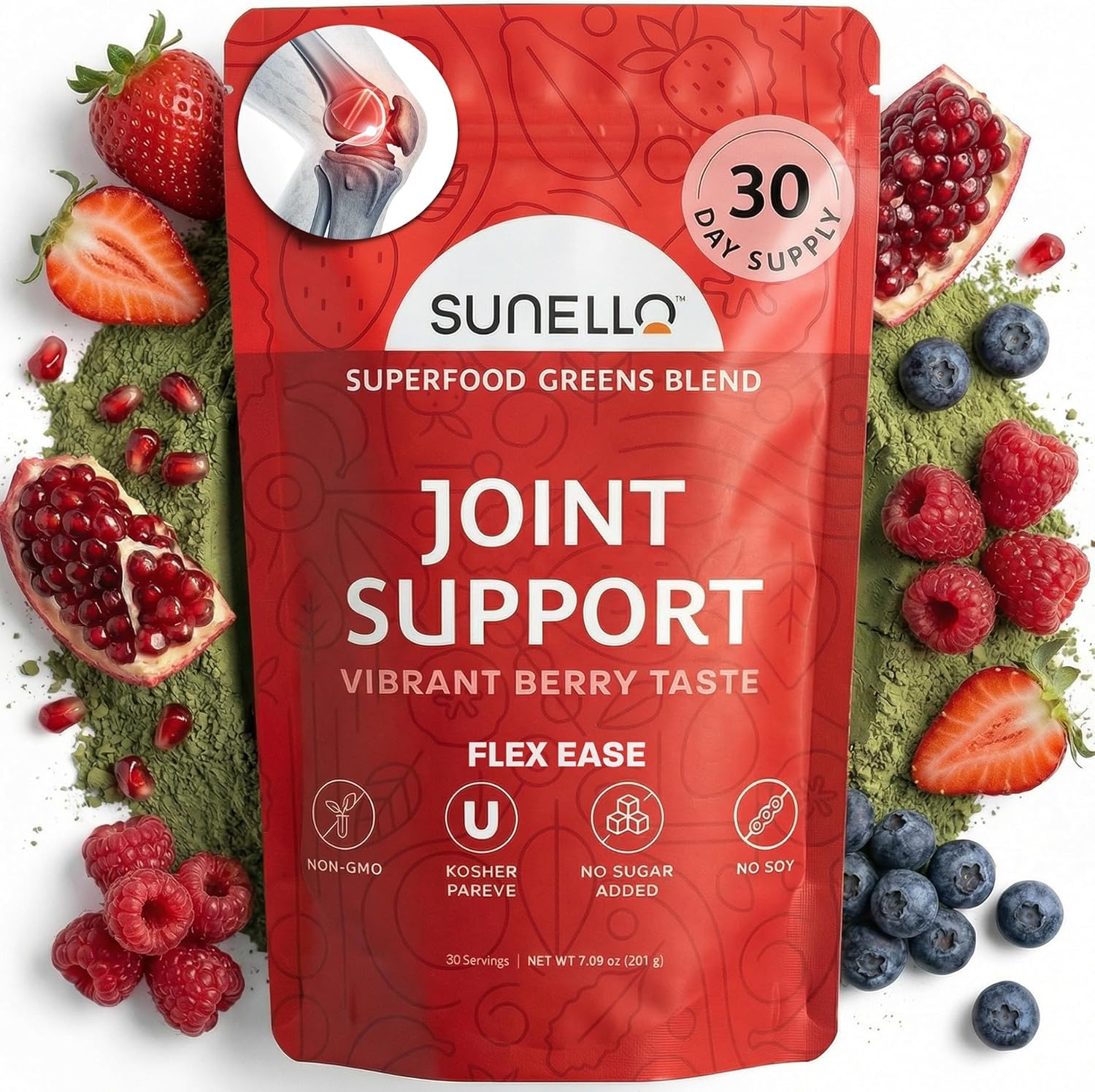 Super Greens Powder – Flex Ease NanaBerry – Kosher - Sugar Free- Greens Superfood Powder with Collagen Peptides, Turmeric & Hyaluronic Acid for Joint Mobility & Comfort – 30 Servings