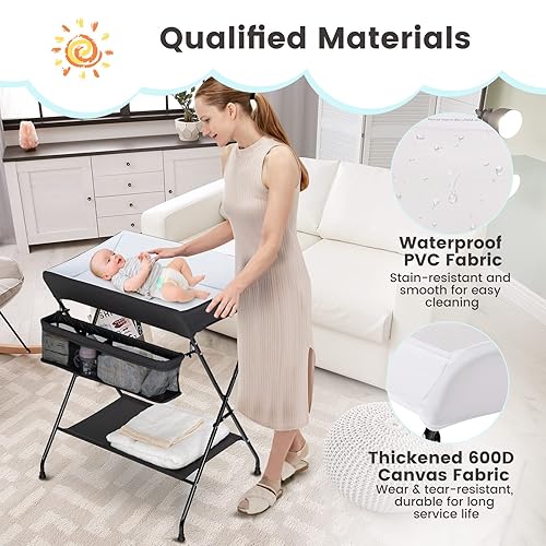 Vista 54 de HONEY JOY Cambiador, organizador móvil plegable con ruedas, altura ajustable, bolsa de almacenamiento y estante abierto, estación portátil para Gris