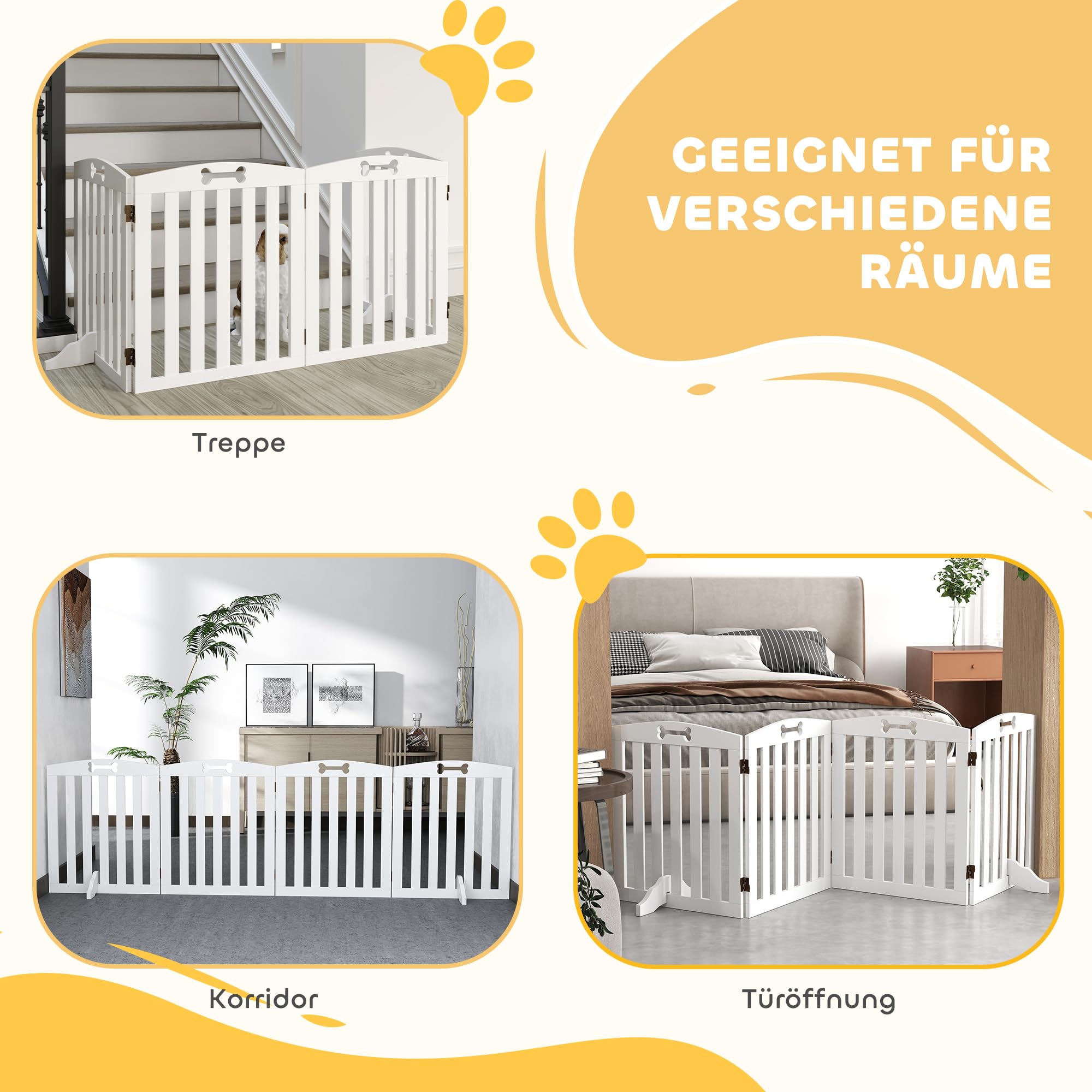 PawHut Absperrgitter Hund Klappbar mit Füßen 207,5 x 61 cm 4 Paneelen Weiß | Freistehendes Schutzgitter, Klappgitter für Katzen, Treppenschutzgitter, Türschutzgitter, Treppengitter, Treppen, Türen