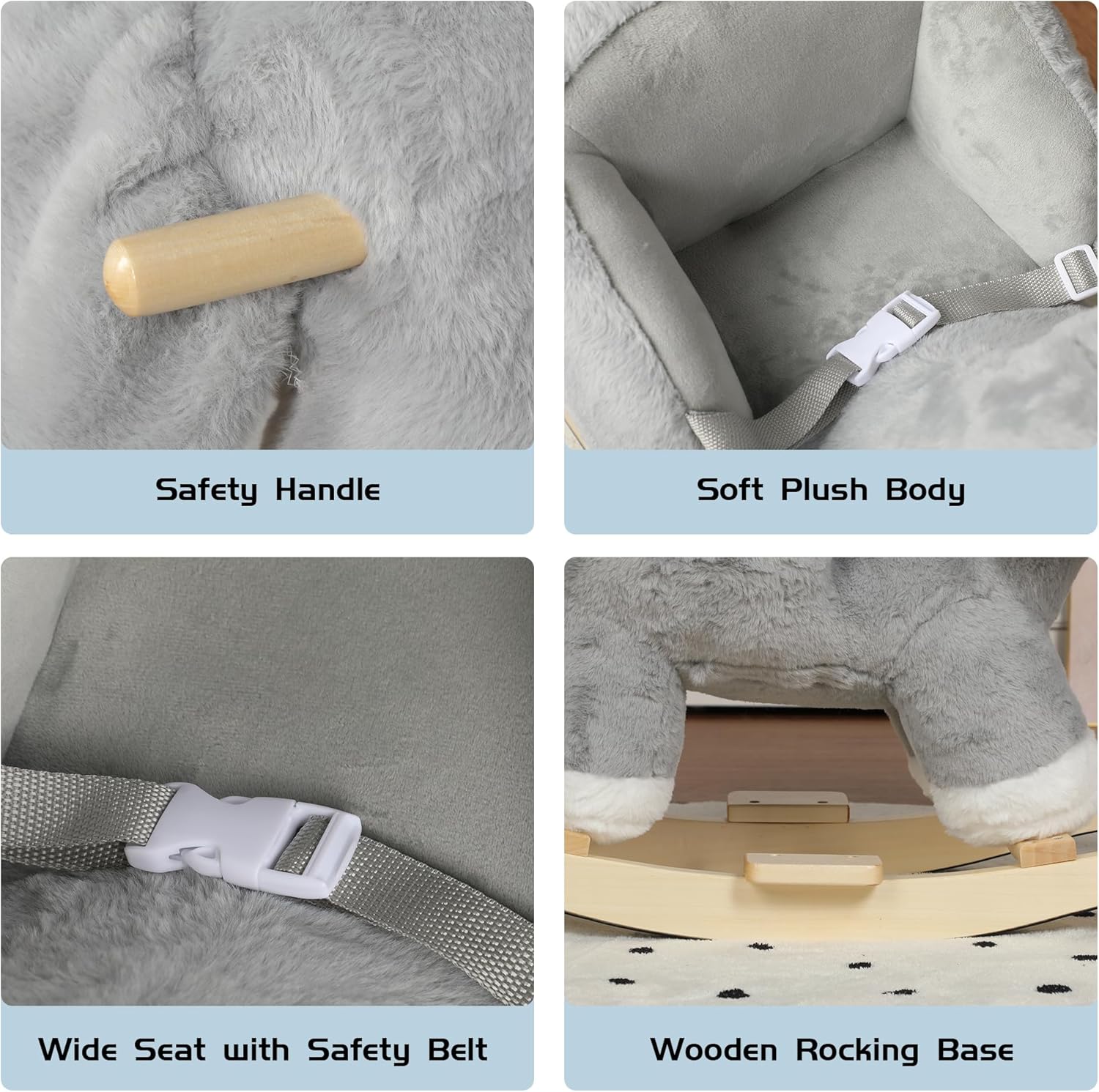 Baby Rocking Horse, Plush Elephant Riding Horse with Music, Wooden Rocking Horse for Toddlers 1 Year Old, Gray Stuffed Ride-on Rocker Animals Toy for Baby Boys and Girls Christmas Birthday Gift Gray