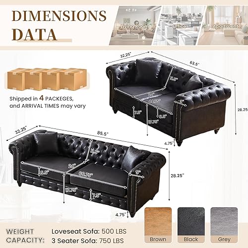 Miniatura 2 de Juego de sofá de 2 piezas para sala de estar, sofá y sofá biplaza de tela de alta tecnología con ribete de clavos y reposabrazos enrollables, sofá