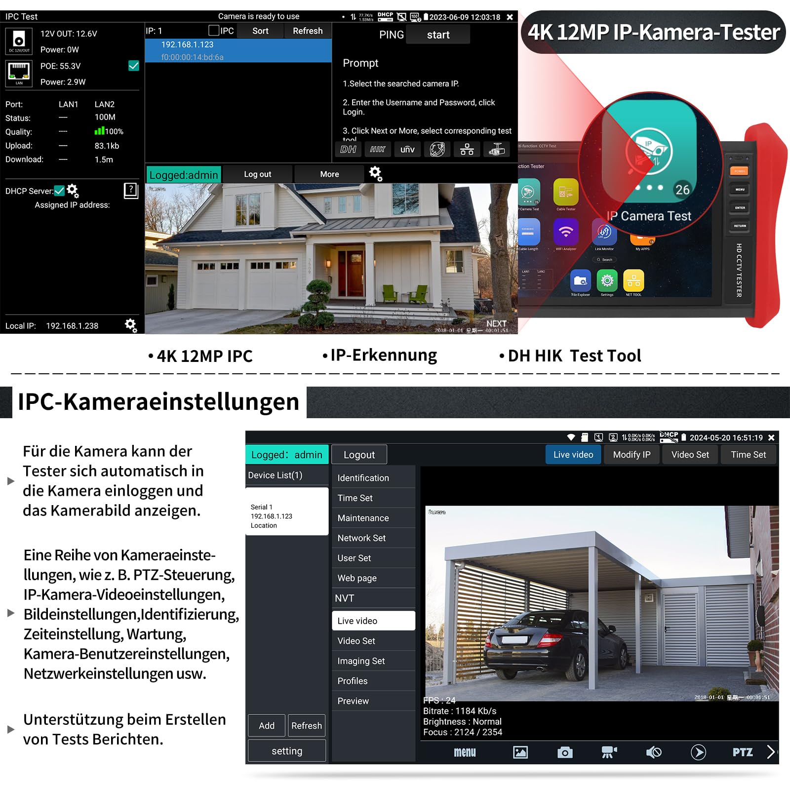 Henkion CCTV-Tester Monitor 4K 12MP ip kamera tester POE++ Max. 90W POE-Kameratest 8" 1920x1200 IPS-Touchscreen 1CH SFP-Modul WLAN-Netzwerk-Tools Kabeltest POE-Erkennung Energiemanagement App-Updates
