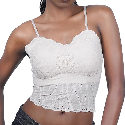 SLEIN Seamless Scoop Top for Women | Soft Stretch Camisole Crop Top | Lace Trim Sleeveless Bralette Tank | Lightweight Bre...