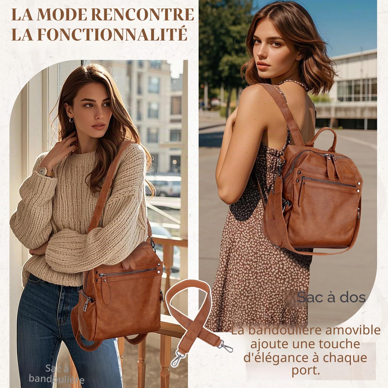 Sac à Dos Femme en Cuir PU Convertible en 2 Façons de Transporter un Sac à Bandoulière de Voyage pour Travail Scolaire