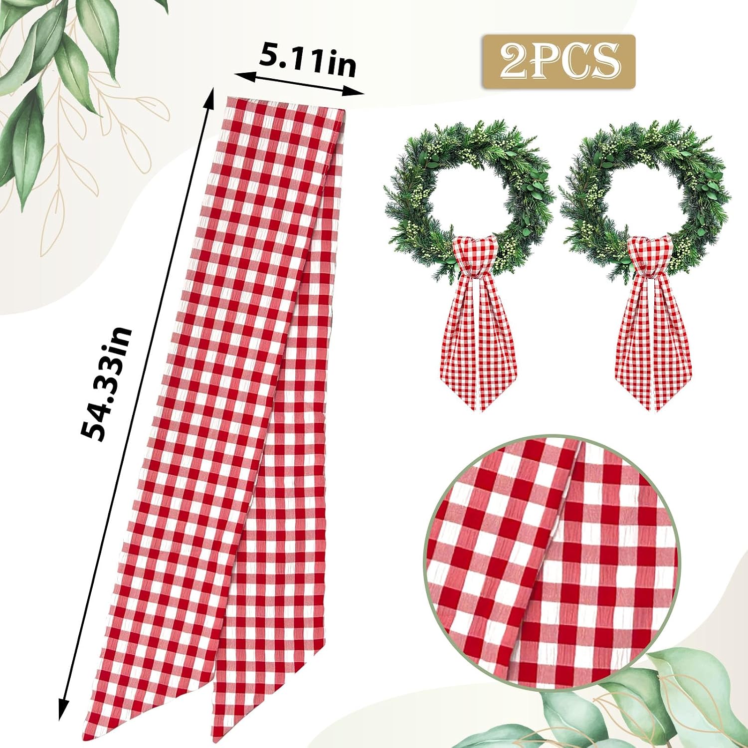 2pcs Wreath Sash for Front Door Red Buffalo Plaid Seersucker Wreath Satin Sash Burlap Garland Ribbon Accessories for Wreath Yard Doorway Indoor Outdoor Bridal Shower Home Decor,5.1 x 54.3