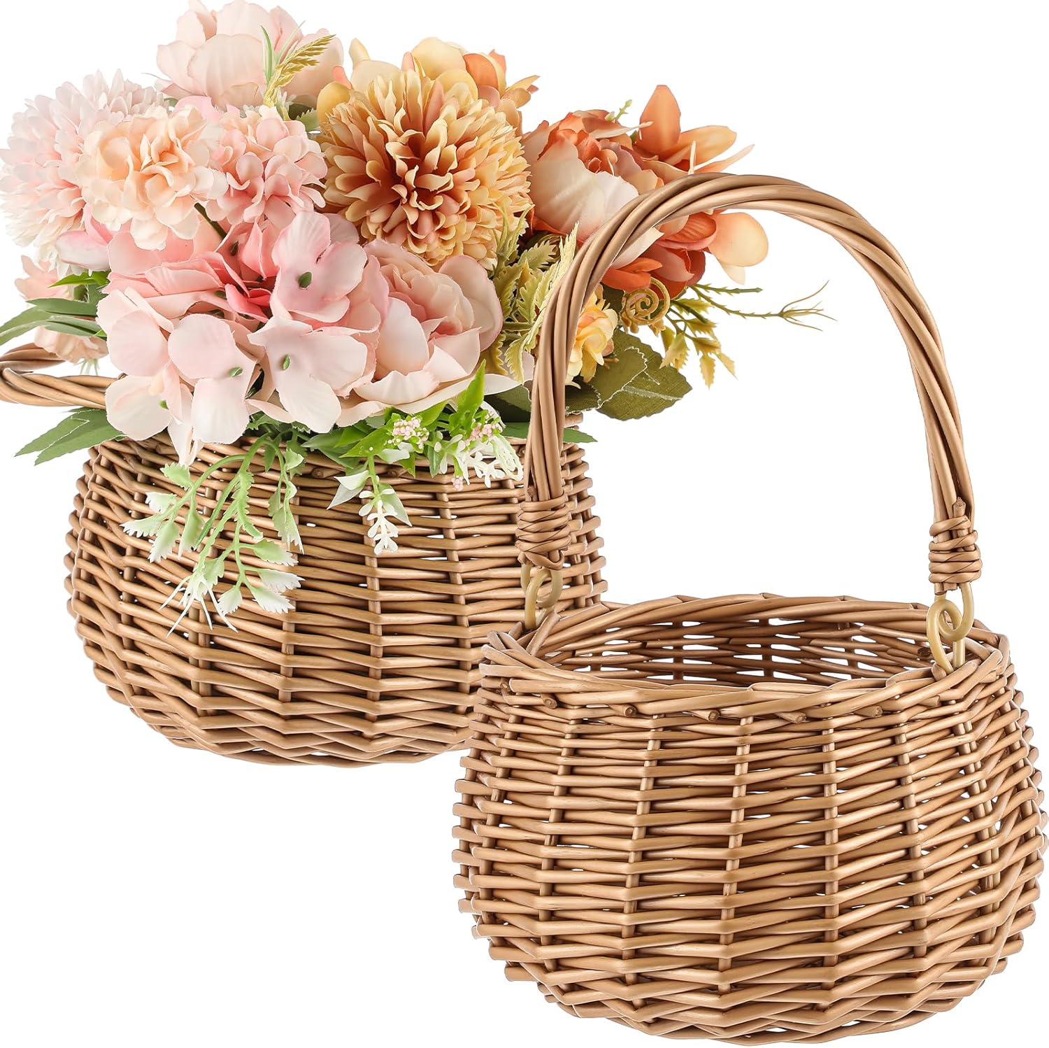 Weysat 2 Pcs Small Flower Girl Basket with Handle Wicker Rattan Flower Basket Set, Rustic, Hand Woven for Wedding Girl Home Decorations Picnic Garden Candy Sweets Gifts Storage, Multifunctional