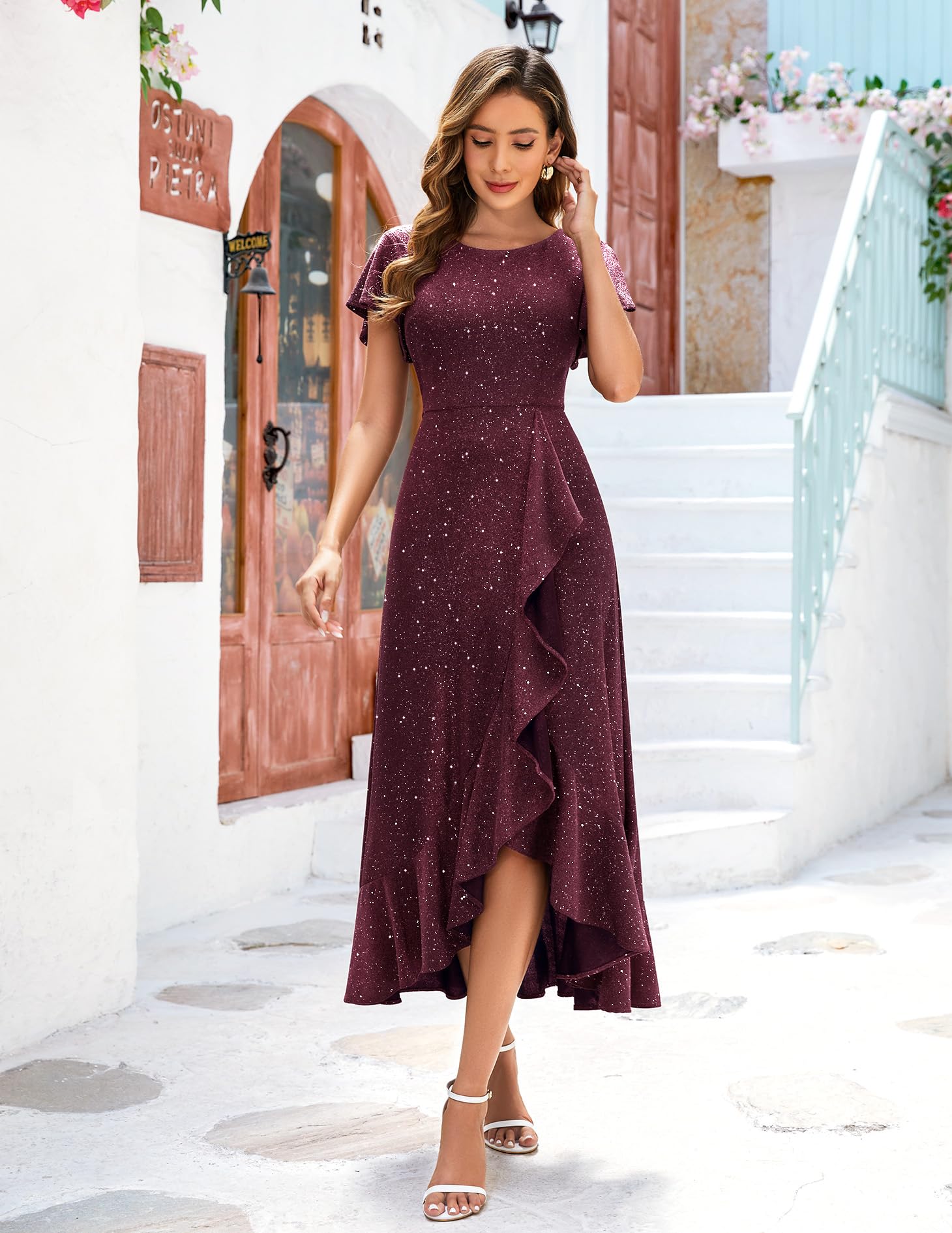 Berylove Vestido de noche largo para mujer, vestido de fiesta con volantes, vestido de fiesta para boda, vestido de fiesta, elegante, marrón, XL