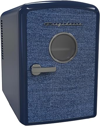 Frigidaire Mini Personal Fridge Cooler, 1 Gal Capacity fits 9 Cans, Includes Plugs for Home Outlet & DC Charger - 9.84 D x 7.09 W x 10.35 H, Indigo Denim Fabric Door