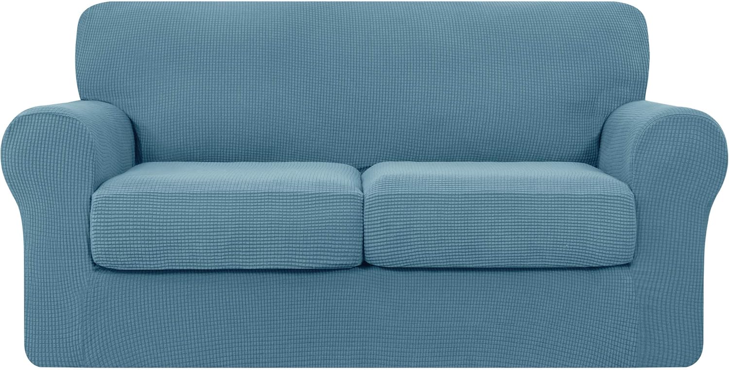 Hokway Couch Cover for 2 Cushion Couch 3 Piece Stretch Sofa Slipcovers with Separate Cushion for 2 Seater Couch Furniture Covers for Kids and Pets in Living Room(Medium,Smoky Blue)