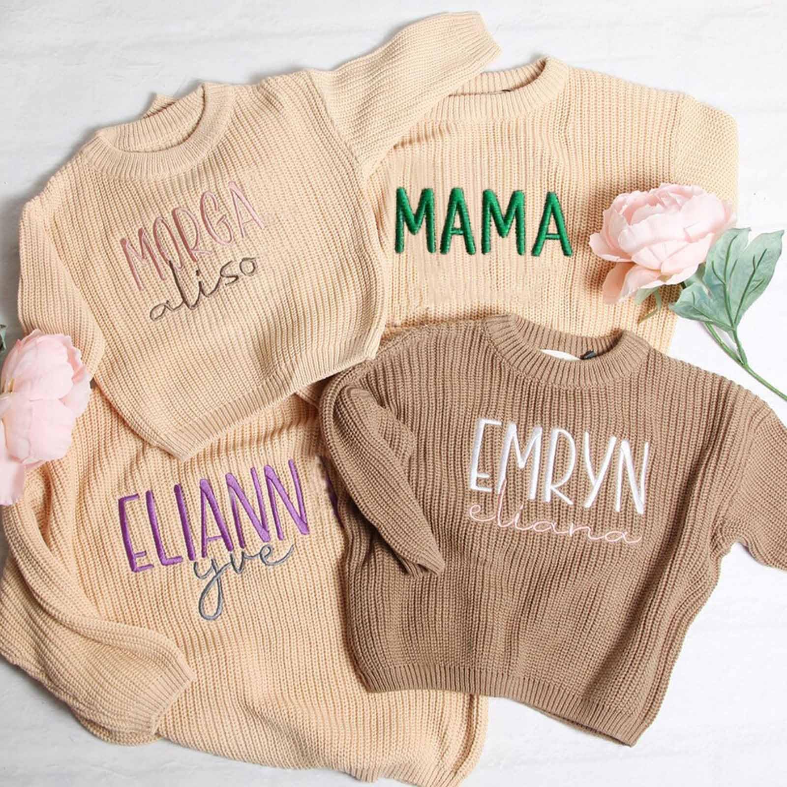 Personalisierte Pullover Baby 3 Monate - 5 Jahre Strickpullover Kleinkinder mit Name Stickerei Warm Pulli Einfarbige Winterkleidung Jungen/Mädchen Gestrickt Sweatshirt Kinder Herbst Winter Oberteile