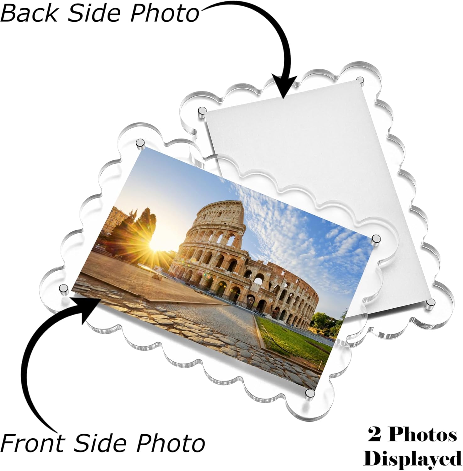 4X6inch Scalloped Picture Frames 3-Pack, Magnetic Picture Frame Acrylic, Double Sided Clear Photo Frames 10+10mm Thick, Scalloped Frame Home Office Decor Free-Standing for Desktop Display