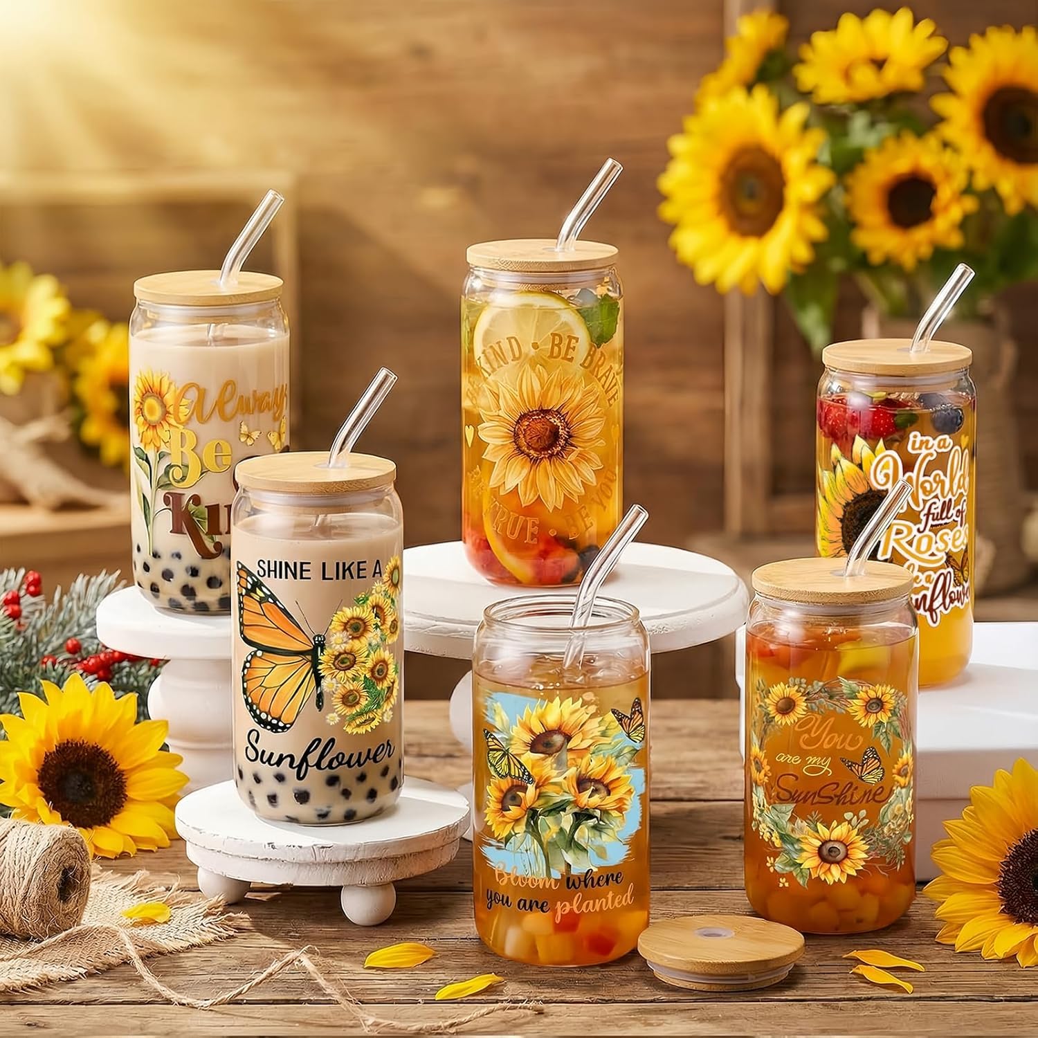 6Pcs Sunflower Motivational Glass Cups with Lids and Straws 16oz Inspirational Sunflower Be Kind Drinking Glasses Cups for Women Girls Friend Christian Iced Coffee Cup Tumbler Birthday Gifts - Image 2