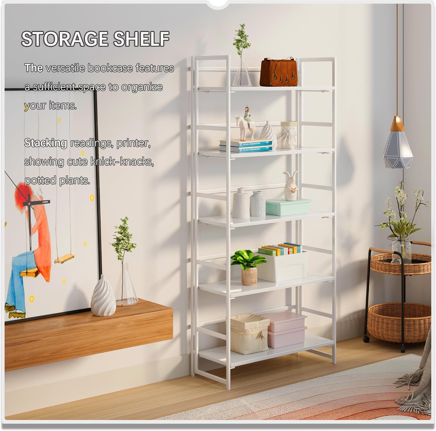 4NM No Assembly 5 Tier Collapsible Book Shelves, 51.2" H x 23.6" W Folding Bookshelf Bookcase Open Industrial Foldable Shelf for Bedroom, Living Room, Home Office - All White image 4