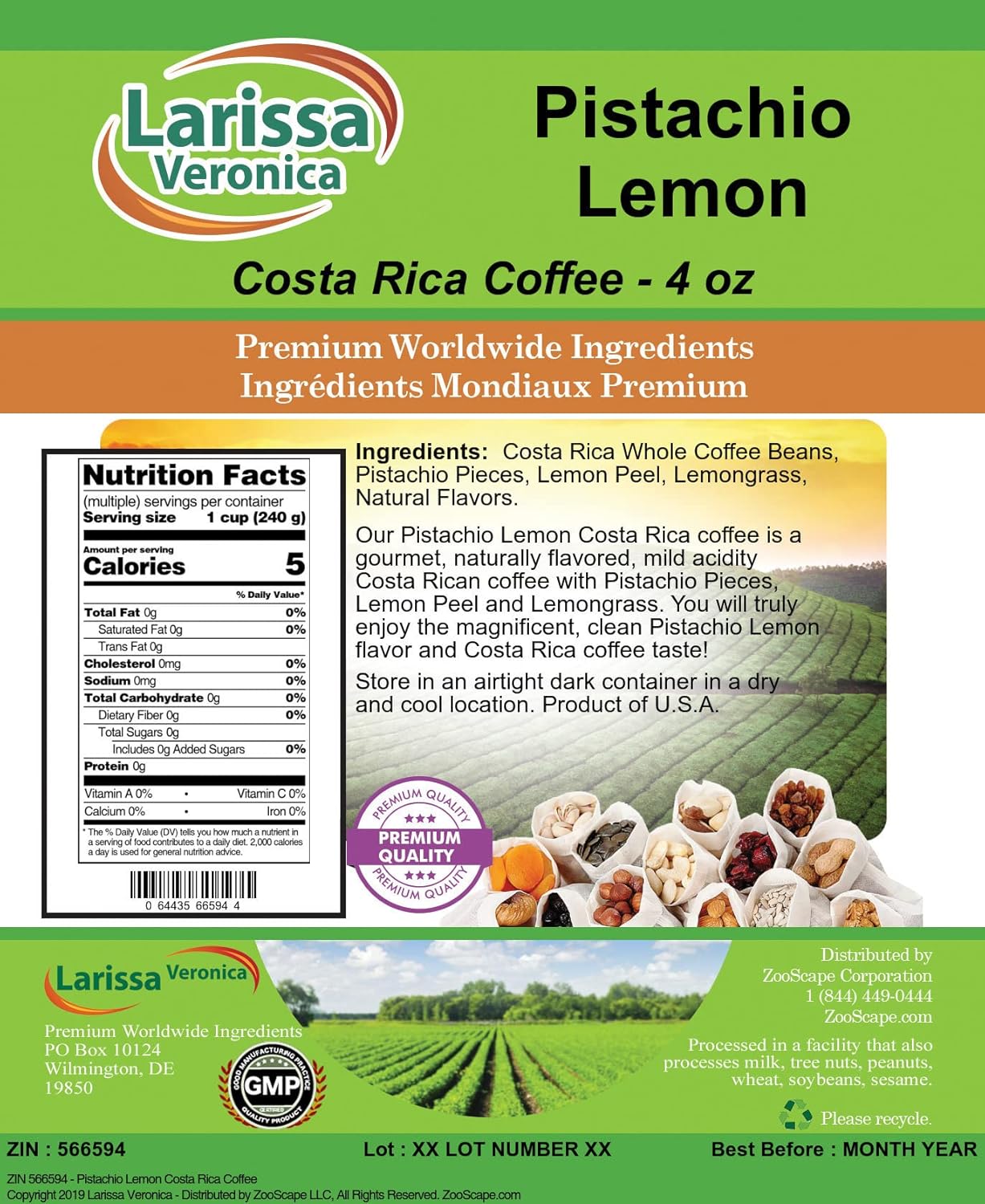 Pistachio Lemon Costa Rica Coffee (Gourmet, Naturally Flavored, Whole Coffee Beans) (4 oz, ZIN: 566594) - 3 Pack