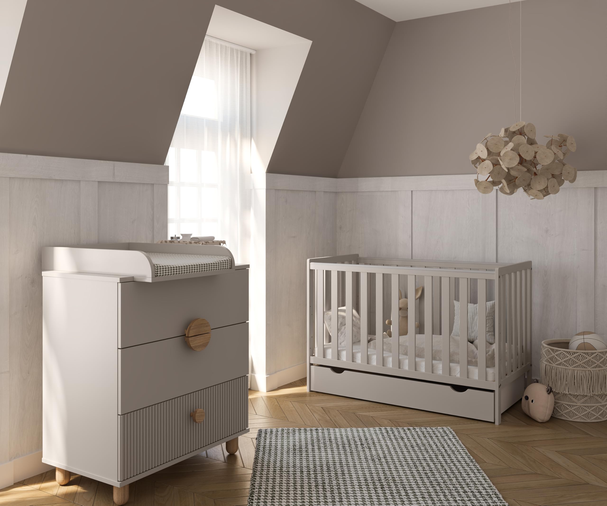 zee Set Cameretta Neonato 120x60 cm Cashmere Lettino con Cassetto e Spondina + Comò Fasciatoio LOFT Mobile Fasciatoio Set Mobili Cameretta Trasformabile in Lettino Junior