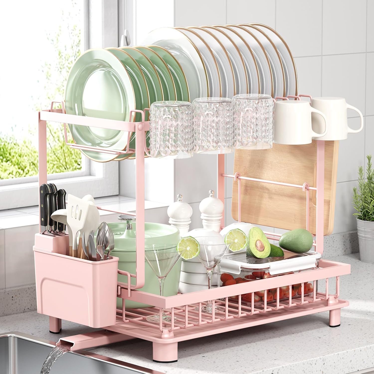 2-Tier Dish Drying Rack with Drainboard & Utensil Holder – Pink 2-Tier Dish Drying Rack with Drainboard & Utensil Holder – Pink