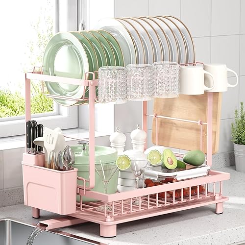 Nfnoyp Multifunctional Dish Drying Rack - Rustproof, 2-Tier Dish Racks with Drainboard, Space-Saving Design, Utensil & Cup Holder for Kitchen Counter, Pink - Pink