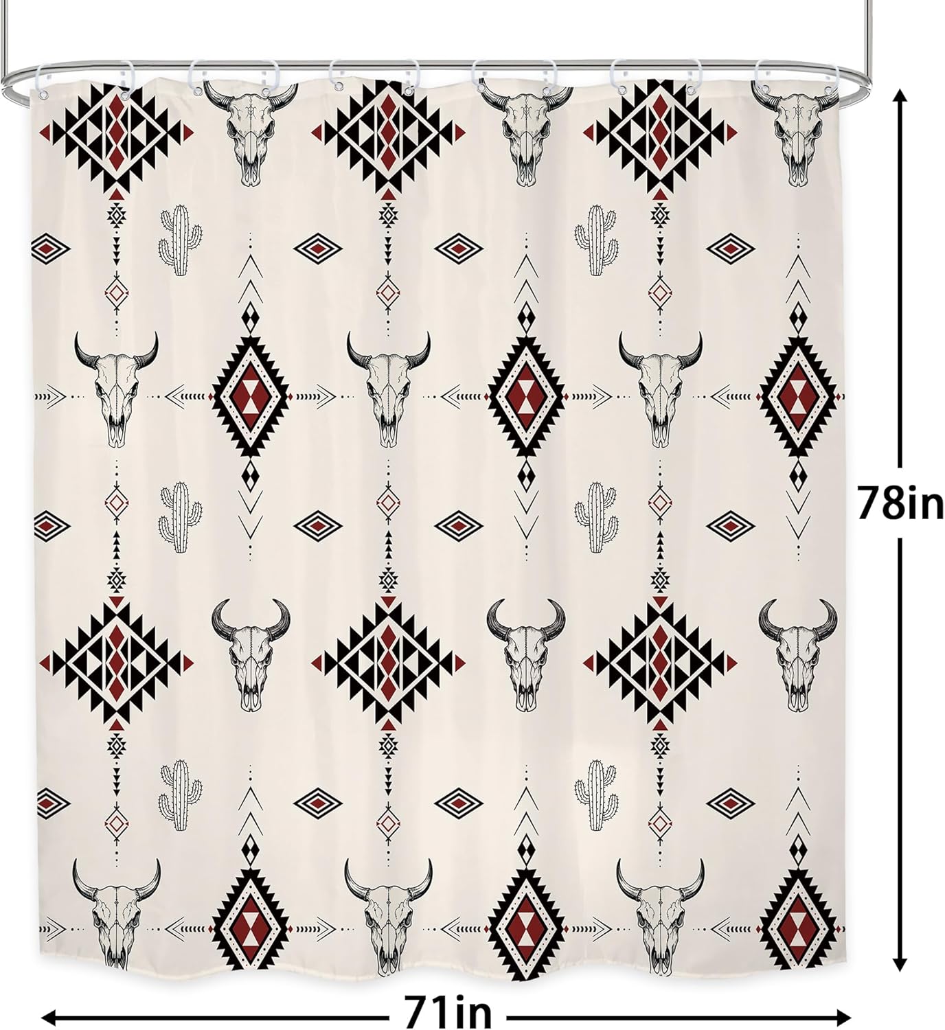 LGhtyro Western Aztec Shower Curtain Bathroom Set 71Wx78H Inches Boho Ethnic Southwest Bull Skull Cow Tribal Farmhouse Country Cactus West Bath Accessories Desert Art Home Decor Fabric 12 Pack Hooks