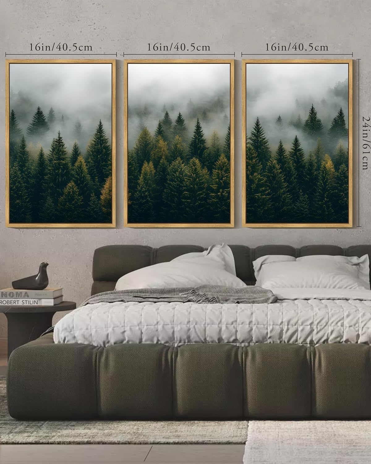 KUVIOKE Green Fog Pine Tree Landscape Framed Wall Art Nature Nordic Misty Forests Prints Morden Farmhouse Bedroom Living Room Ready to Hang 16x24in (Natural Framed)