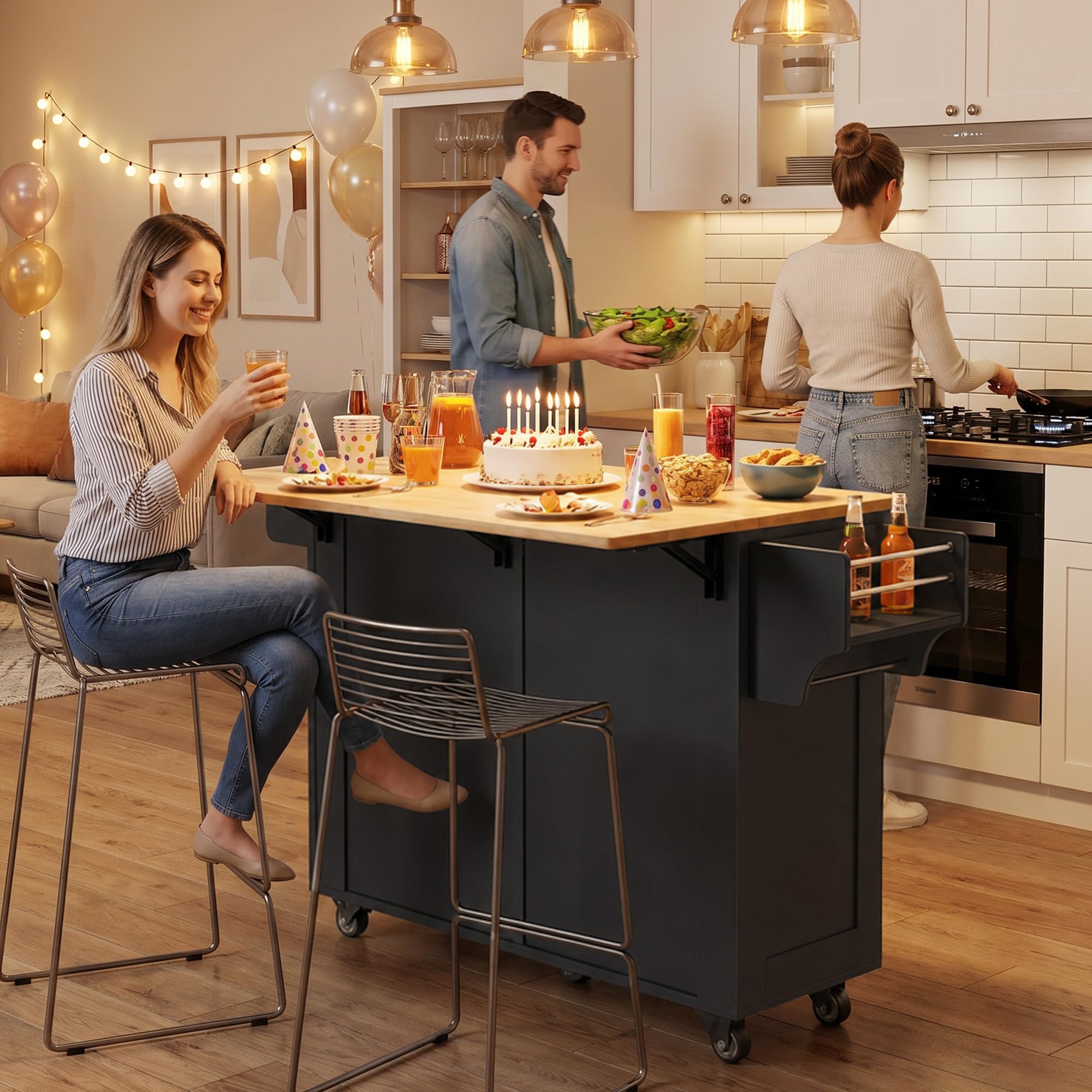 Xbro Carrello da Cucina Mobile con Ruote, Piano Pieghevole, Credenza 2 Cassetti 4 Ante, Salvaspazio con Portaspezie Portaasciugamani, 145x75x90 cm