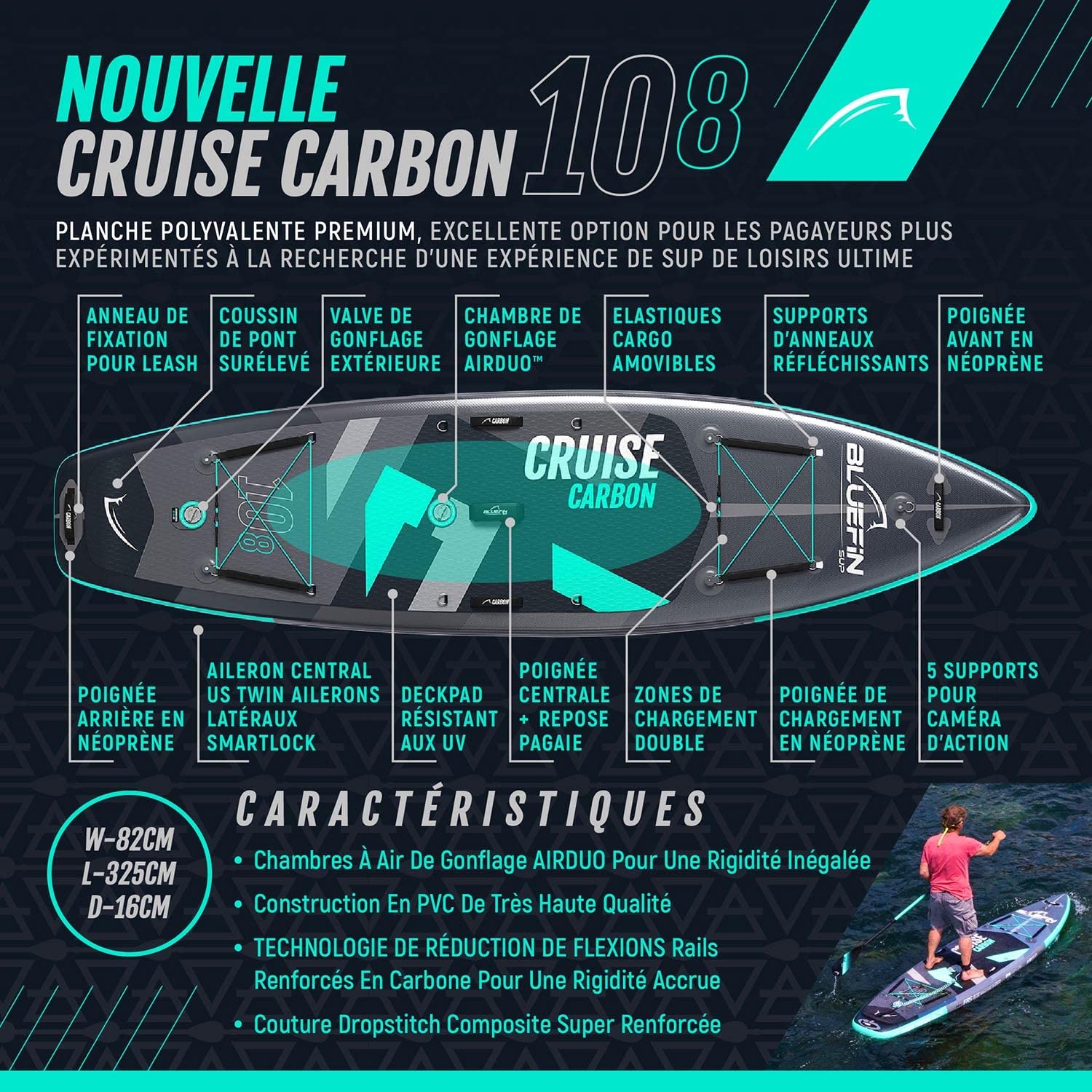 Bluefin Cruise Carbon Sup Stand Up Paddle Gonflable | Accessoires de Planche à pagaie Haut de Gamme | Plusieurs Tailles : 10'8, 12', 15'
