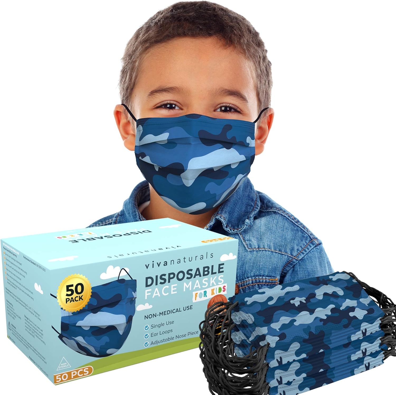 Blue Camo Face Mask for Kids (50 Individually Wrapped