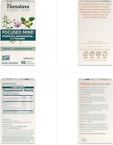 Miniatura 7 de Himalaya Suplemento mental enfocado, con Ashwagandha, Bacopa y L-teanina para atención, concentración y apoyo energético, 60 cápsulas veganas, sin