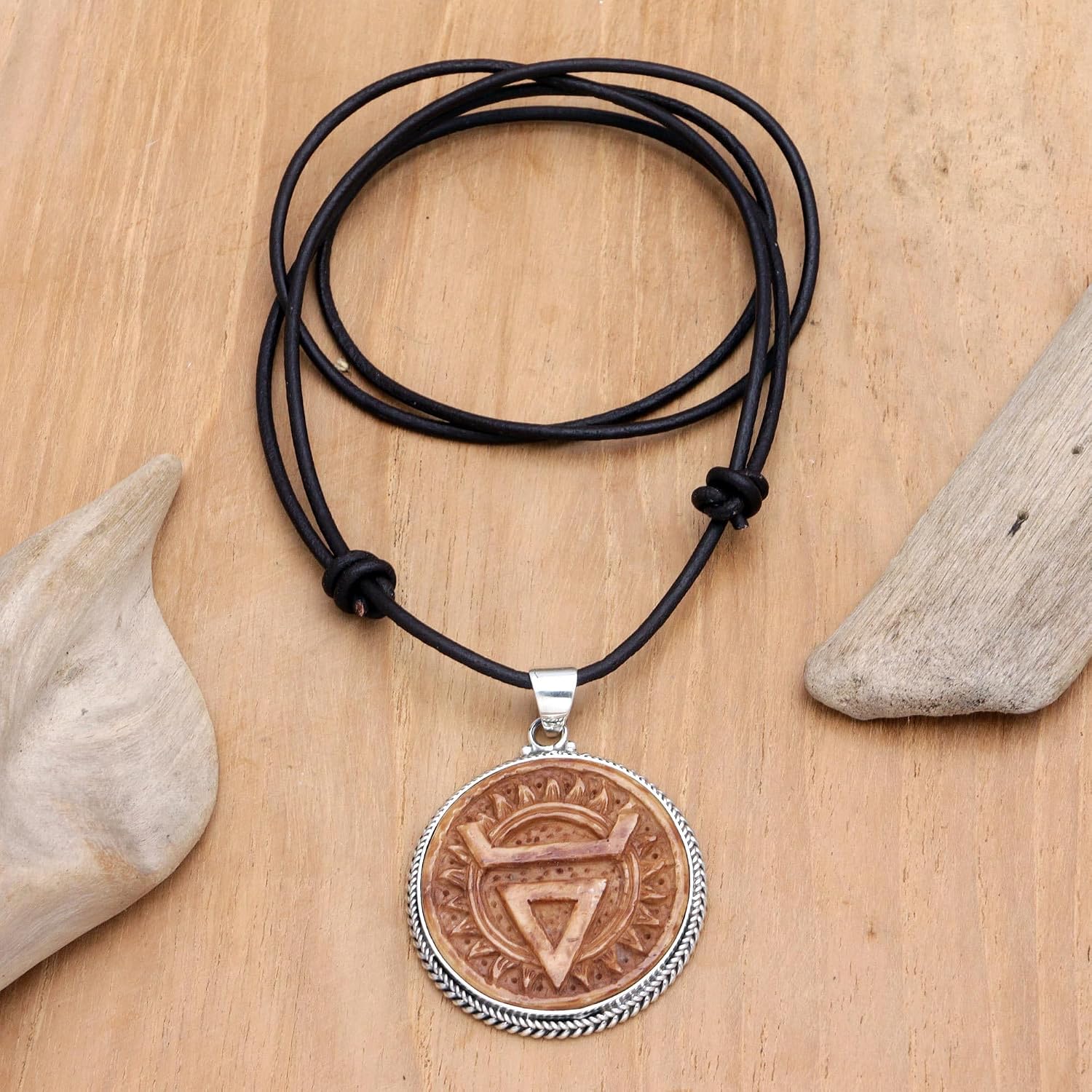 NOVICA No Stone .925 Sterling Silver Bone Leather Men's Pendant Necklace 'Mystic Pyramid'