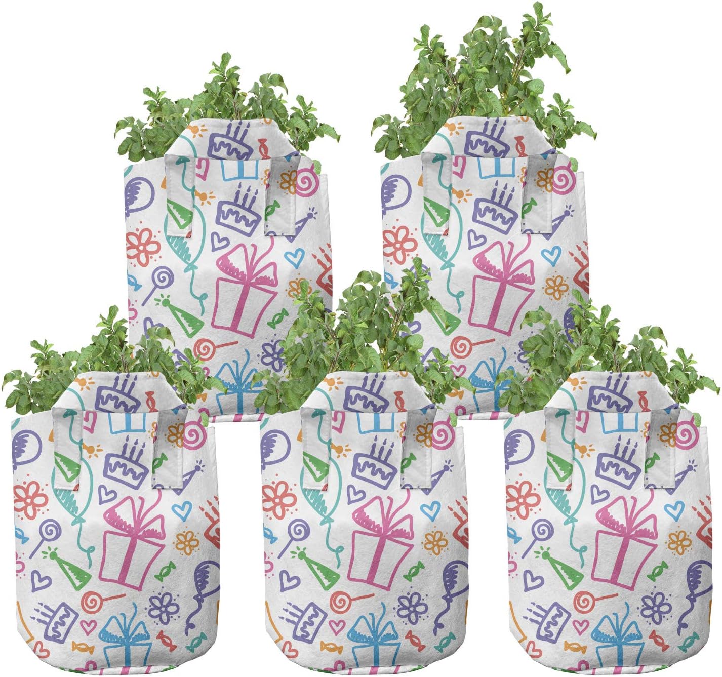 Lunarable Cartoon Grow Bags 5-Pack, Birthday Candles and Gifts, Heavyduty Fabric Pots with Handles for Plants, Multicolor