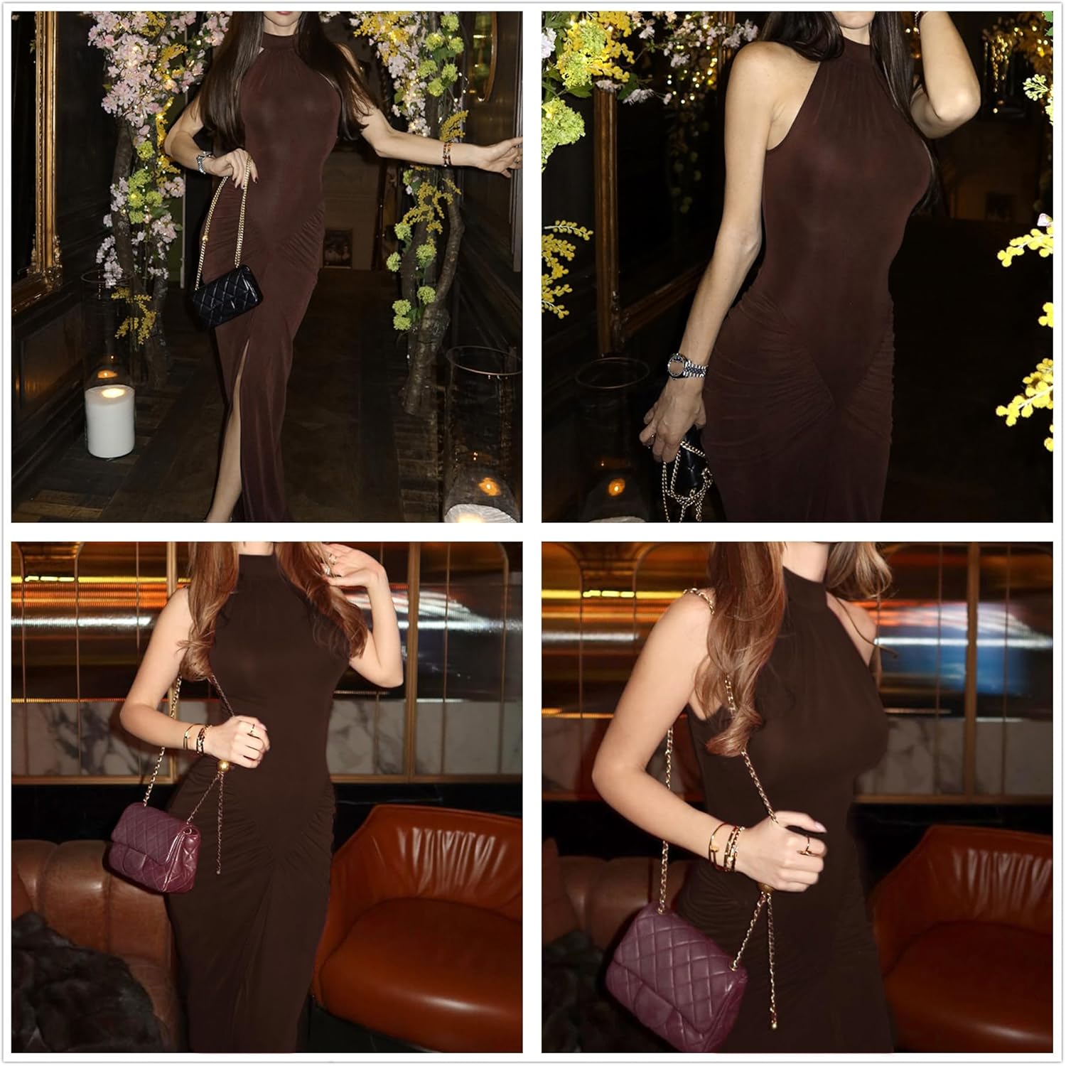 Women’s Mock Neck Ruched Elegant Wedding Cocktail Prom Dress Front Split Formal Party Evening Dress