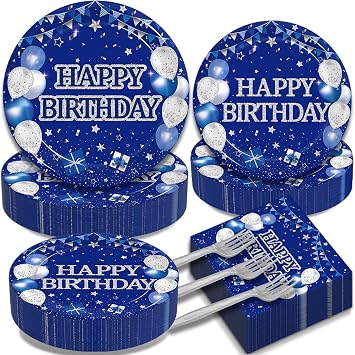 Kepeel Happy Birthday Plates and Napkins Set, Blue Silver, Serves 50