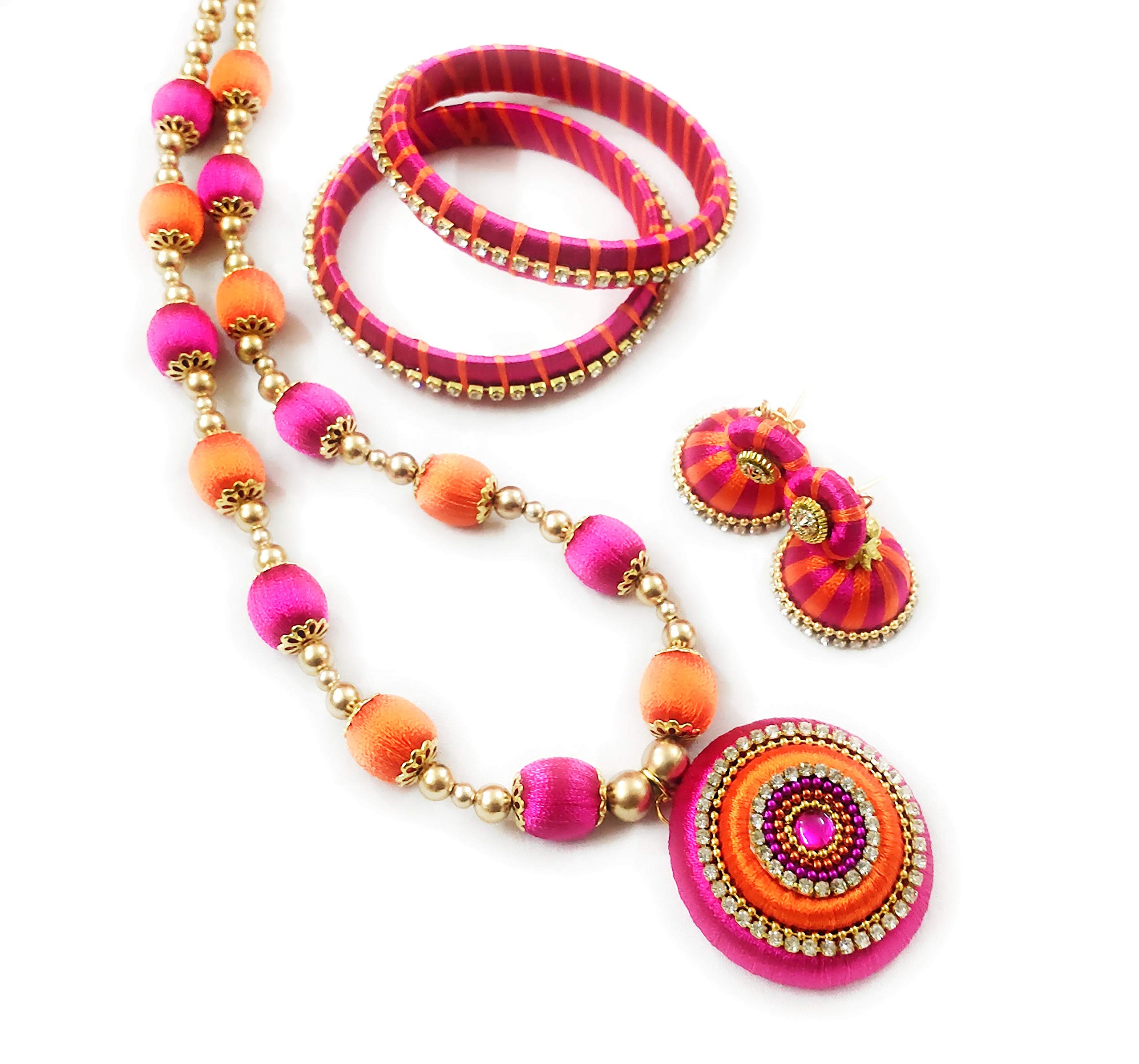 Hasini Creations Pink and Orange Silk Thread Jewellery Set for Women (2.0) (B07VGLRGKQ) Amazon Price History, Amazon Price Tracker