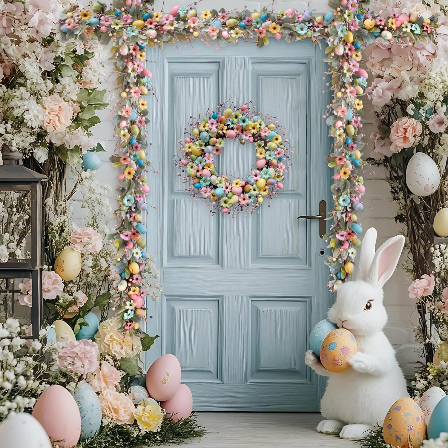 Easter Long Vine Wreath 70 inch Spring Artificial Egg Flower Berry Long Vine Colorful Easter Decoration Holiday Celebration Indoor Outdoor Home Decoration Long Vine
