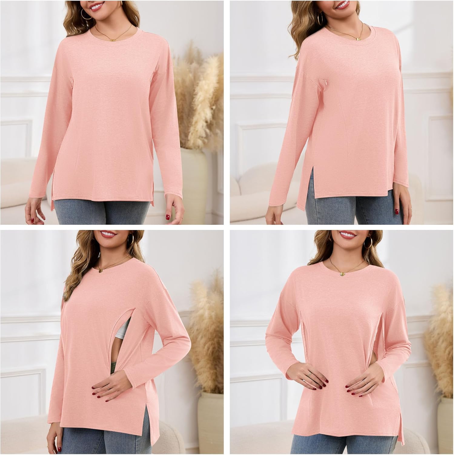 Women's Nursing Shirts Long Sleeve with Hidden Zipper Oversized Breastfeeding Tops Side Split Maternity Blouse - Image 3