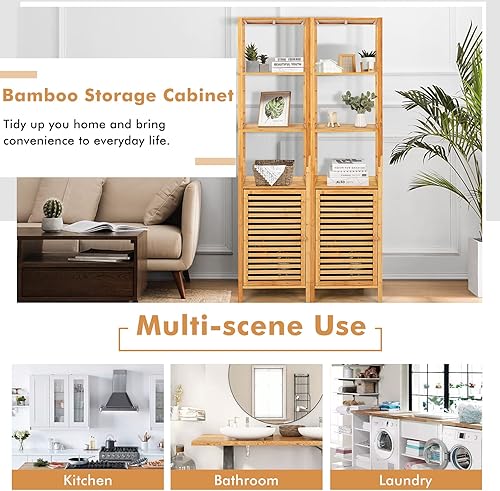 Miniatura 9 de LOKO Gabinete alto de bambú, gabinete de almacenamiento estrecho para baño con estantes de 3 niveles y puerta de obturador, gabinete de torre