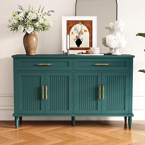 58 Inch Sideboard Buffet Cabinet with Storage, Fluted Buffet Storage Cabinet with 2 Drawers and 4 Doors, Modern Coffee Bar with Adjustable Shelves for Kitchen, Living Room, Entryway (Green)