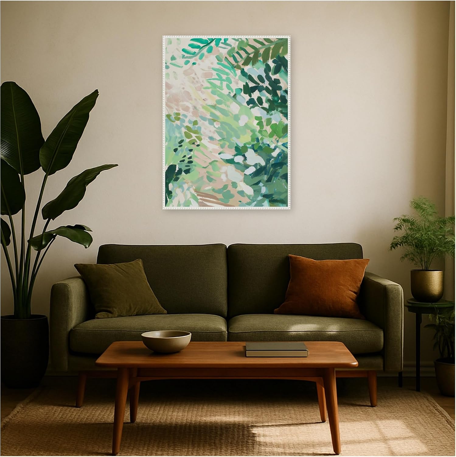 Kate and Laurel Framed Canvas Wall Art Print Greenery I by Amy Lighthall, 28 x 38 Sylvie Beaded White Frame, Modern Contemporary, Abstract Art for Wall Decor