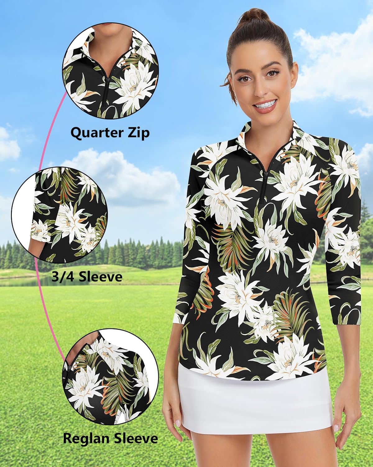 WOWENY Women's 3/4 Sleeve Athletic Golf Shirts Quarter Zip Pullover Collared T-Shirt Workout Print Tennis Top