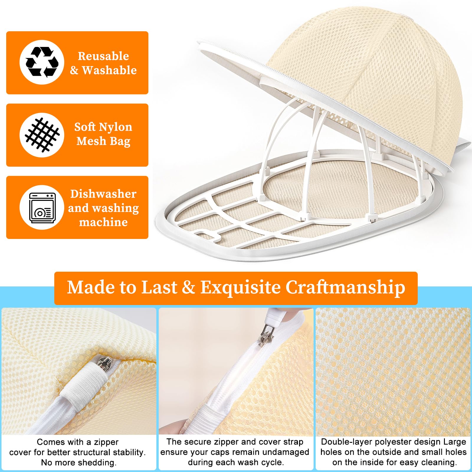 Coopache Hat Washer Cage Hats Cleaner, Hat Washer for Baseball caps for Washing Machine or Dishwasher, Ball Cap Washer Frame (Beige White)