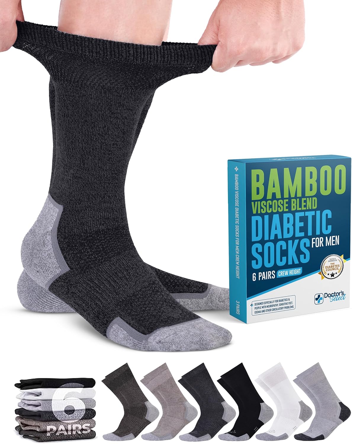 Doctor's Select Bamboo Viscose Black Diabetic Socks for Men - 6 Pairs Crew Stretch Top Mens Diabetic Socks