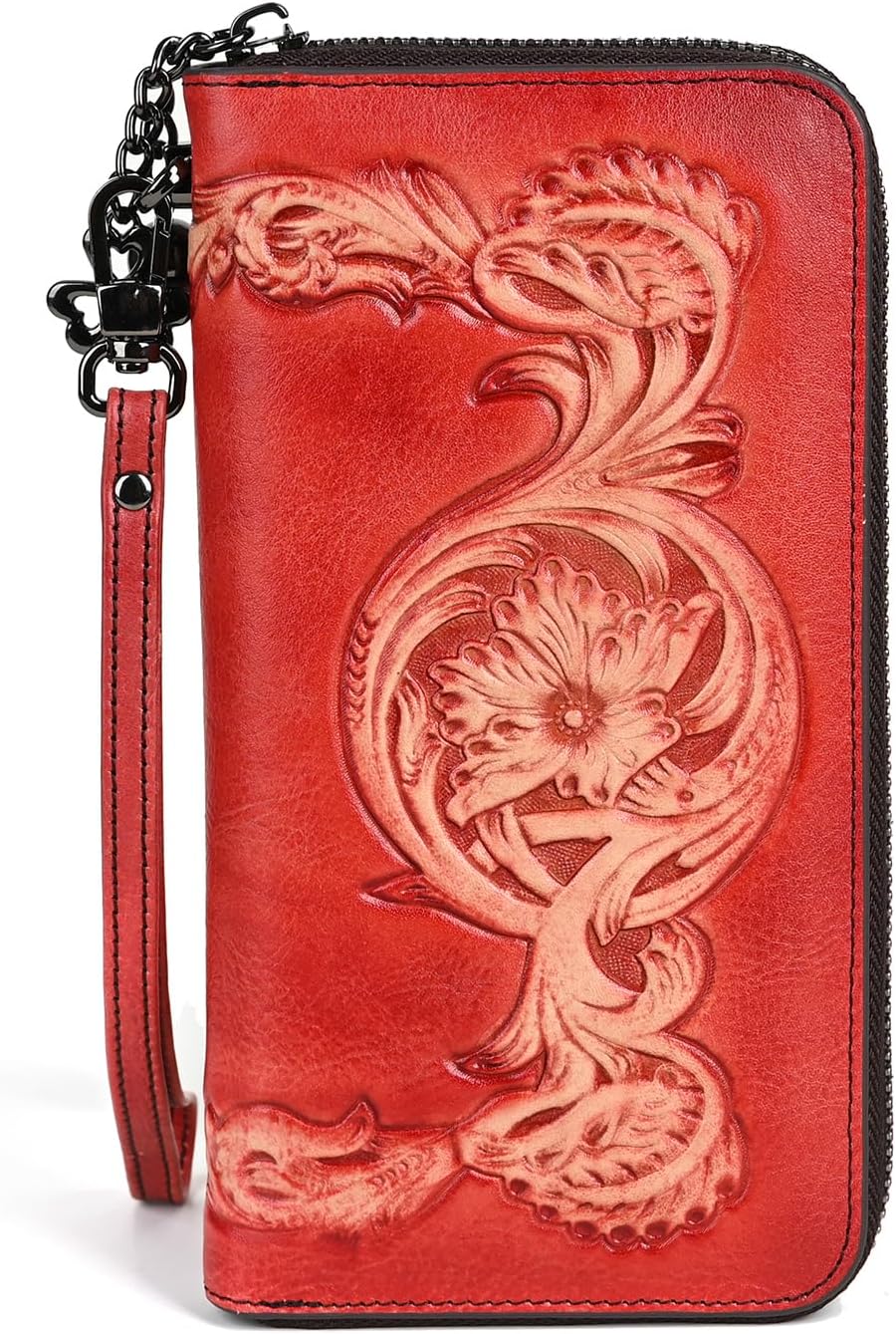 AEGGEAI Genuine Leather Women's Wallet Flower Pattern Wristlet Long Wallet Card Holder (Red)