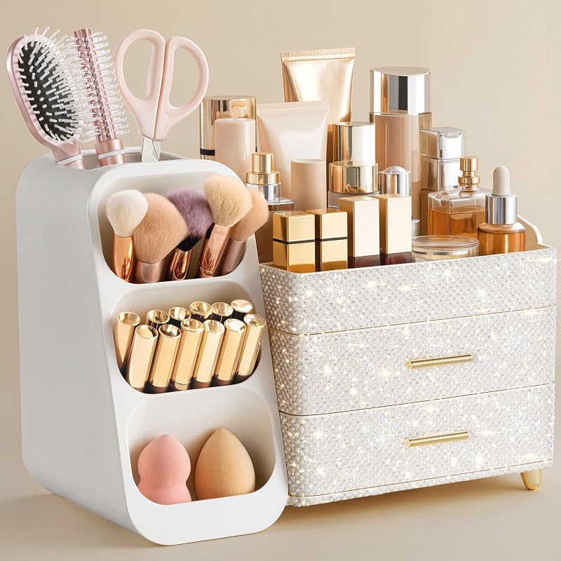 Organizador de maquiagem HBlife com suporte para pincéis, 2 gavetas e 10 compartimentos, Pearl All White