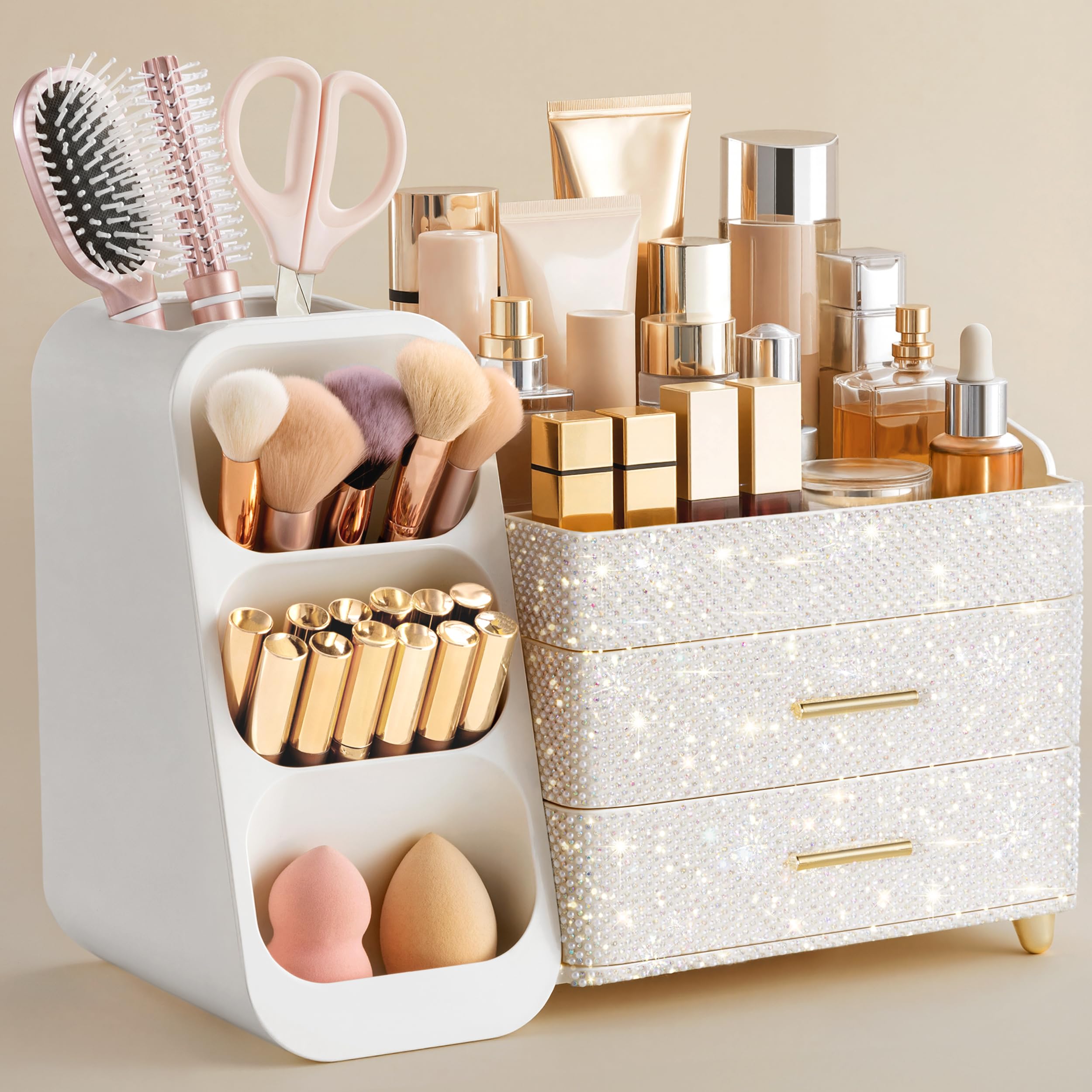 Photo 1 of HBlife Makeup Organizer with Brush Holder for Vanity, Large Plastic Bathroom Countertop Organizer Skin Care Storage, Easy to Store Nail Polishes, Perfumes, Eyeshadow Palettes, Pearl All White
