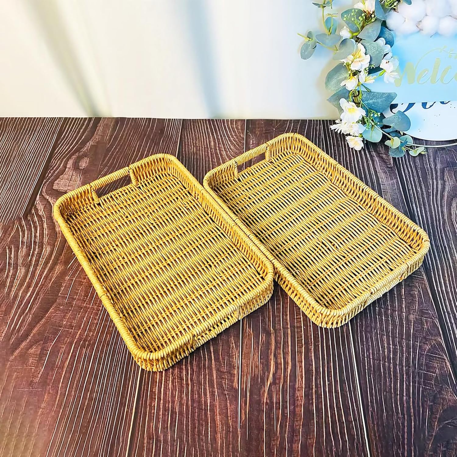 2 Pack Rectangle Rattan Serving Trays with Handles, Decorative Woven Wicker Organizer Baskets Storage Tray for Coffee Table, Bread, Fruit, Snacks - Image 6