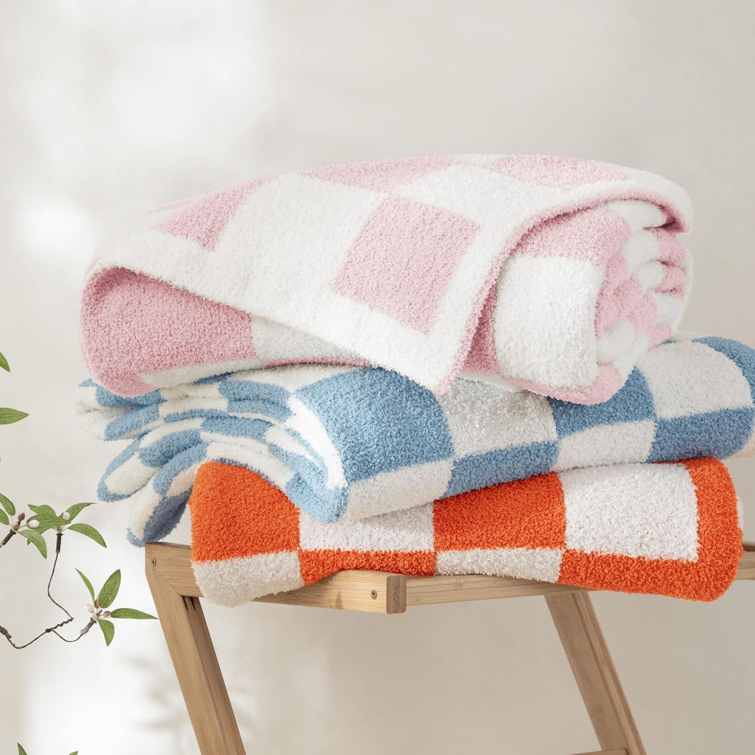 Whale Flotilla Checkered Knit Blanket Twin Size, Ultra Soft Warm Reversible Cozy Decorative Blankets for Couch Sofa and Bed, 60x80 Inch, Pink